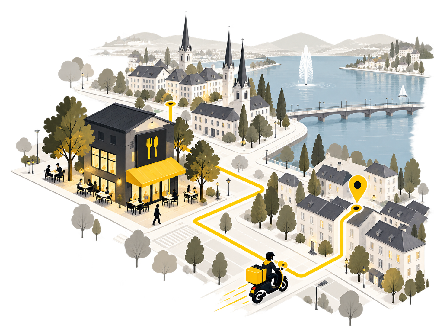 Illustration d’un restaurant, d’un livreur et d’un parcours de livraison dans une ville suisse